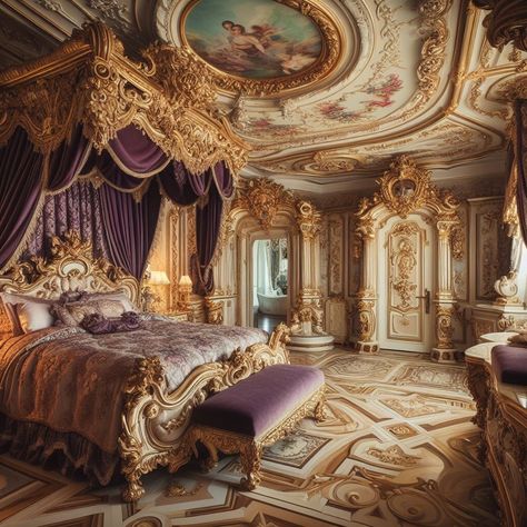 Rococo style bedroom in gold and purple. Created in microsoft bing. French Baroque Bedroom, Rococo Wallpaper Desktop, 1700s Bedroom, Baroque Bedroom Aesthetic, Rococo Room Decor, Baroque Bedroom Ideas, Purple Victorian Bedroom, Royalcore Bedroom, Fantasy Royal Bedroom