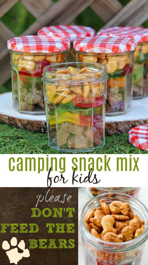 Happy Campers Snack Mix - Tonya Staab #picnic #camping #kidsnacks Dont Feed The Bears, Camp Snacks, Outdoor Movie Night, Snack Station, Camping Snacks, Camp Food, Snack Pack, Easy Camping Meals, Backyard Camping