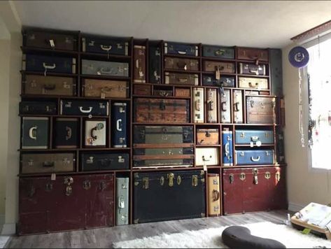 Suitcase Wall, Rube Goldberg Machine, One Suitcase, Suitcase Storage, Old Trunks, Old Suitcases, Oddly Satisfying, Garage Sales, Suitcases