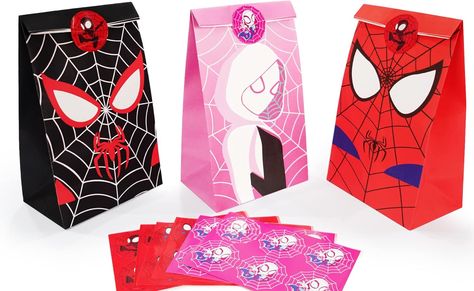 Spiderman Paper Party Bags. Super Hero Theme Birthday, Superhero Theme Birthday Party, Superhero Party Bags, Spiderman Party Supplies, Spiderman Birthday Party Decorations, Superhero Party Decorations, Superhero Stickers, Birthday Treat Bags, Spiderman Gifts