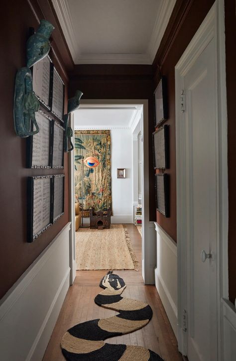 Whimsical Apartment, Gray Terrazzo, Bed Drapes, Art Deco Ceiling Light, Ann Sacks Tiles, Schumacher Wallpaper, Art Deco Ceiling, Repurposed Art, New York City Apartment