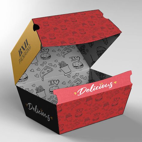 Custom Burger Packaging at Wholesale Rate - Boxes Xpert Hub Burger Package Design, Hamburger Packaging, Burger Box Packaging Design, Burger Box Design, Hamburger Box, Burger Packaging, Types Of Burgers, Pizza Box Design, Burger Box