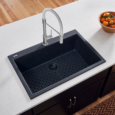 Shop Ruvati epiGranite Drop-In 33-in x 22-in Midnight Black Single Bowl 1-Hole Kitchen Sinkundefined at Lowe's.com. The epiGranite series of kitchen sinks from Ruvati sets a new trend for the home kitchen. If you are looking beyond stainless steel, and want to add some color Granite Composite Kitchen Sink, Topmount Sink, Granite Composite Sinks, Composite Sink, Drop In Kitchen Sink, Natural Granite, Sink Mats, Bowl Kitchen Sink, Granite Sink