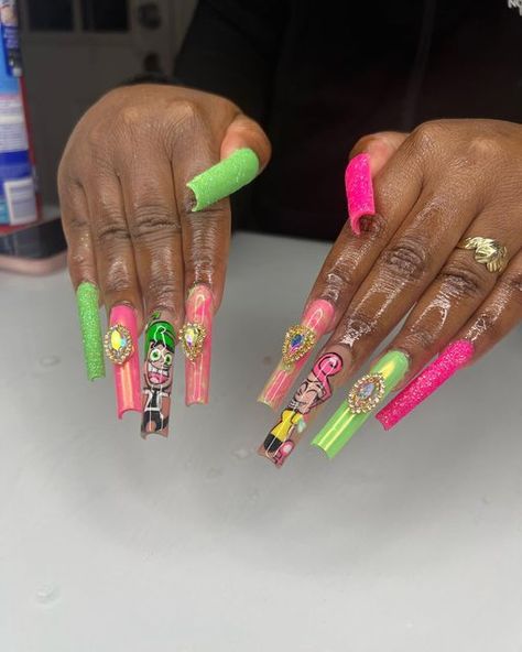 Where Pretty Girls Love Xtensions💕 on Instagram: "Handpainted Gender Reveal Freestyle Gel-X Set🥰💅🏾 // Using @shopagaloreco 3Xl Square Soft Gel Tips & @apresnailofficial Extend Gel // @theadditudeshop stones 😍#gelxnails #fyp #genderrevealnails #greenvillencnailtech #pinknails #greennails #pinkandgreennails" Pink And Green Gender Reveal, Green Gender Reveal, Gender Reveal Nails, Funky Nail Designs, Future Nails, Green Instagram, Exotic Nails, Inspired Nails, Gel Tips