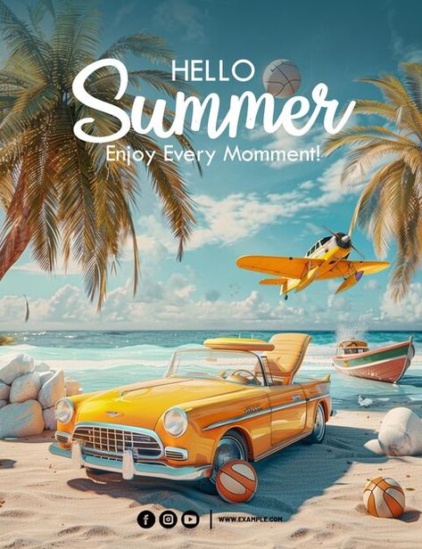 Summer Social Media Design, Summer Poster Design, Holiday Advertising, Palm Tree Background, A Beach Scene, Car Advertising Design, Tree Background, Short Instagram Captions, Background Summer