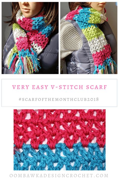 Very Easy V-Stitch Scarf Pattern. Free Crochet Pattern by Oombawka Design Crochet. Scarf of the Month Club 2018 Crochet Coverups, Easy Wraps, Crochet Earwarmers, V Stitch Crochet, Crochet Scarf For Beginners, Crochet Apparel, Crocheted Clothes, Crochet Beginners, Crochet Scarf Easy