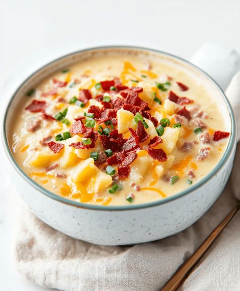 Loaded Potato Soup is a creamy, hearty dish packed with bacon, cheese, and potatoes, perfect for a cozy meal in under 40 minutes. Chunky Loaded Baked Potato Soup, Potato Cheddar Bacon Soup, Potato Soup With Half And Half, Potato Soup Cream Cheese, Leftover Mashed Potatoes Soup, Potato And Bacon Soup, Creamy Potato Bacon Soup, Loaded Potato Soup Recipe, Dinner Staples