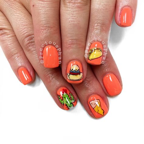 Cinco de mayo!!!! Mexican theme. Taco nails. Cactus nails. Nacho nails. #PreciousPhan Cinco De Mayo Nails Design, Mexican Theme Nails, Cinco De Mayo Nails Ideas, Nails For Mexico, Fiesta Nails, Pedi Nails, Sugar Skull Nails, Theme Nails, Good Nails