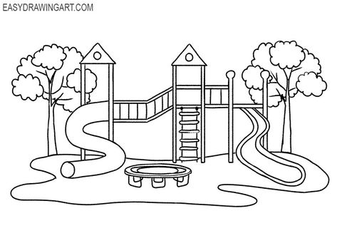 playground drawing lesson Drawing Scenery For Kids, School Playground Drawing, Playground Drawing Easy, Park Drawing For Kids, Park Drawing Easy, Playground Sketch, Playground Drawing, Playground Pictures, Park Drawing