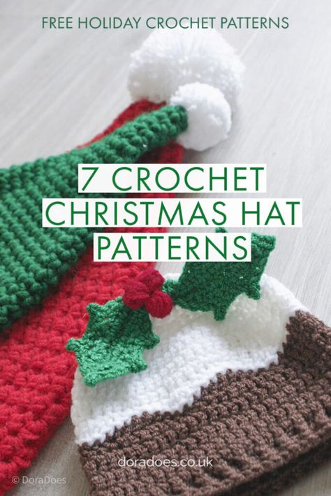 Christmas Crochet Hat Patterns: 7 festive free crochet beanie hat patterns - Dora Does Christmas Crocheting Patterns Free, Crochet Grinch Hats Free Patterns, Christmas Crochet Ideas Free, Free Christmas Hat Crochet Patterns, Crochet Christmas Hat Pattern, Crochet Christmas Motifs Free Pattern, Crochet Winter Hat Free Pattern Women, Christmas Crochet To Sell, Christmas Hats Crochet