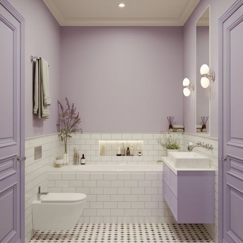 Bathroom Paint Colors Purple, Purple Paint Bathroom, Purple Bathroom Paint, Paint Colors Purple, Small Bathroom Color Ideas, Bathroom Color Ideas, Teal Towels, Paint Bathroom, Purple Paint Colors