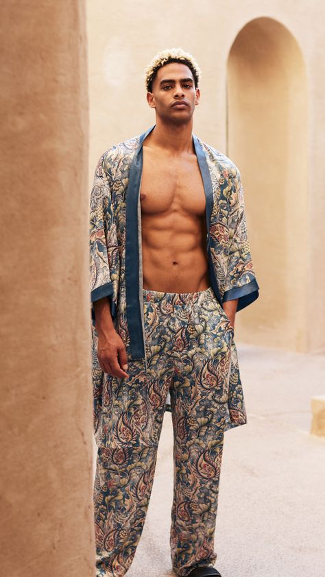 Men’s Lingerie, Kimono Men Fashion, Boho Pajamas, Satin Bathrobe, Kimono Men, Mens Resort Wear, Men Kimono, Overall Men, Men Aesthetic Outfits