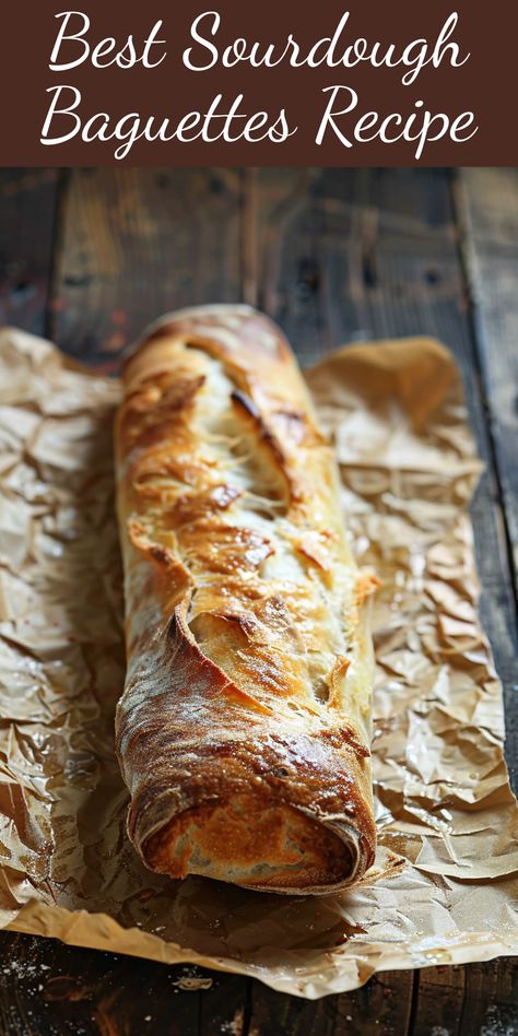 This is the best recipe for homemade sourdough baguettes. Try it today! Same Day Sourdough Baguette, Amybakesbread Sourdough, Sourdough Baggett Recipe, Sourdough Faccia Bread Recipes, Best Sourdough Bread Recipe, Sourdough 101, Sourdough Baguette Recipe, Baguettes Recipe, Sourdough Baguettes