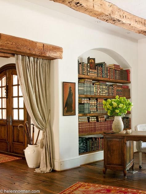 As seen in Country French Magazine. Photographed by Helen Norman. Spanish Style Home Library, Curved Bookcase, Spanish Revival Home, Spanish Home Decor, Earthship Home, Library Office, French Magazine, Spanish Style Home, Casas Coloniales