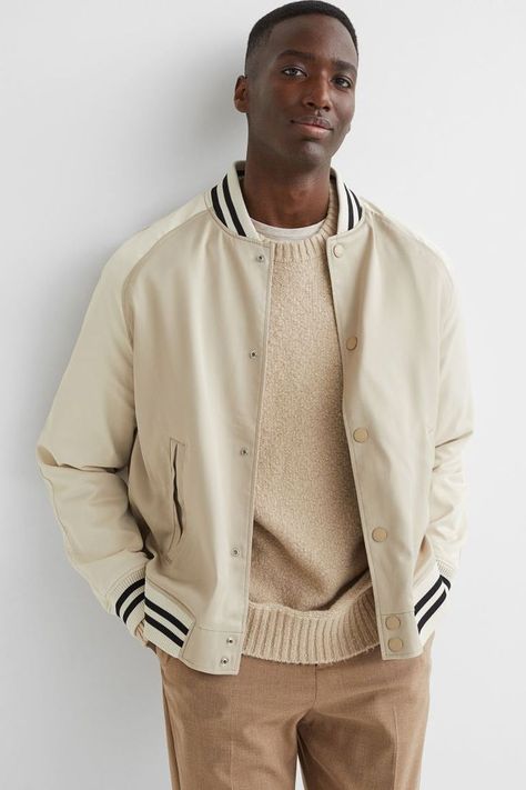 Beige Varsity Jacket Outfit, Satin Jacket Outfit, Beige Varsity Jacket, Varsity Jacket Style, Jacket Outfit Men, Varsity Jacket Outfit, Varsity Letterman Jackets, Jacket Outfit, Satin Jackets