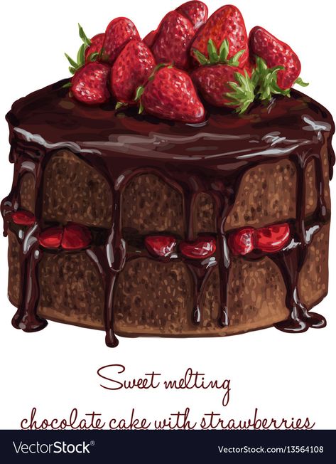 Chocolate Cake With Strawberries, Chocolate Drawing, Desserts Drawing, Cake With Strawberries, Food Art Painting, Realistic Cakes, Chocolate Strawberry Cake, Cake Vector, Dessert Illustration