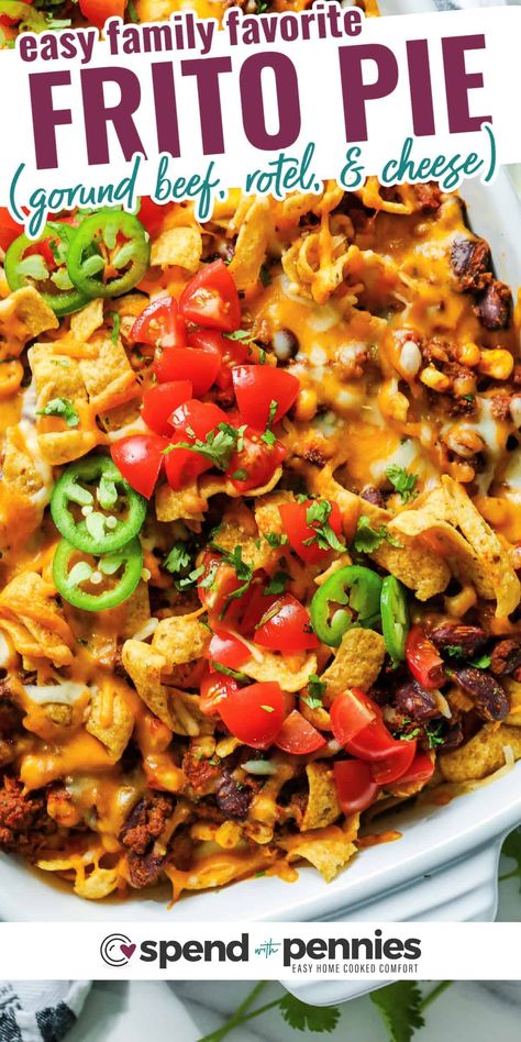 Frito Pie is an easy, delicious meal that the whole family will love! Layers of Fritos, seasoned beef, beans, tomatoes, corn & cheese, baked until the cheese is bubbly! #fritopie #spendwithpennies #fritotacopie #casserole Easy Delicious Casseroles, Frito Pie Recipe, Green Chili Recipes, Frito Pie, Corn Cheese, Best Chili Recipe, Cheese Baked, Spend With Pennies, Yummy Casseroles