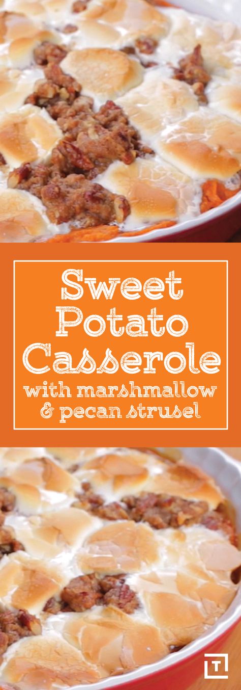 Sweet potatoes: the healthy-ish alternative to the notorious French fry and the staple of any Thanksgiving feast. Why try to complicate a good thing by turning it into a weird toast or gut-busting s'more when you could kick back with a classic? Behold: Twisted's sweet potato casserole with marshmallows and pecan streusel. It's the perfect balance of crunchy and creamy AND sweet and savory. Convenient, right? Check out the video to see how it's done. Sweet Potato Marshmallow Casserole, Thanksgiving Sidedish, Casserole Thanksgiving, Sweet Potato Casserole With Marshmallows, Marshmallow Topping, Canned Yams, Best Sweet Potato Casserole, Sweet Potato Casserole Easy, Canning Sweet Potatoes