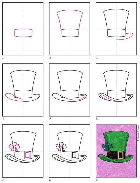 Easy How to Draw a Leprechaun Hat Tutorial and Coloring Page Draw A Leprechaun, Leprechaun Coloring Page, Hat Coloring Page, Teach Kids To Draw, Drawing Hats, March Art, Saint Patricks Day Art, Toddler Drawing, Leprechaun Hat