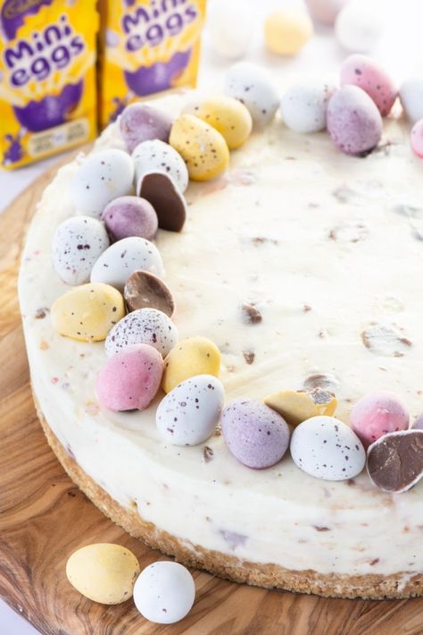 Mini Egg Cheesecake - A delicious, smooth no-bake white chocolate cheesecake, packed full of Cadbury Mini Eggs and topped with even more Mini Eggs - the perfect Easter dessert. Easy Mini Egg Cheesecake, Mini Eggs Cheesecake, Easter No Bake Cheesecake, Easter Biscuits Recipe, Easter Cheesecake Ideas, Cadbury Cheesecake, Mini Egg Desserts, Cream Egg Cheesecake, Easter Cheesecake Recipes