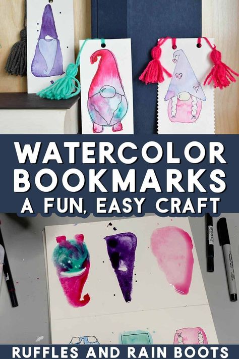 Check out this super easy and affordable Watercolor Gnome Bookmark Craft - perfect for an easy craft project! Click the link to see the full tutorial with step by step directions! Gnome Bookmarks Diy, Gnome Bookmarks, Swedish Gnomes, Quick Watercolor, Watercolor Gnome, Gnome Watercolor, Homemade Bookmarks, Yarn Tassel, Being An Artist