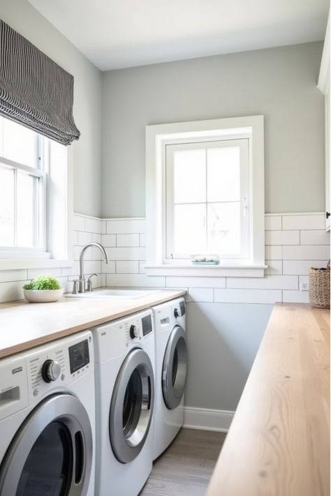 Light-filled laundry room with black and white striped Roman shade Laundry Room Color Ideas, Laundry Room Color, Room Color Ideas, Laundry Room Colors, Striped Decor, Geometric Floor, Subway Tiles, Laundry Day, Room Color