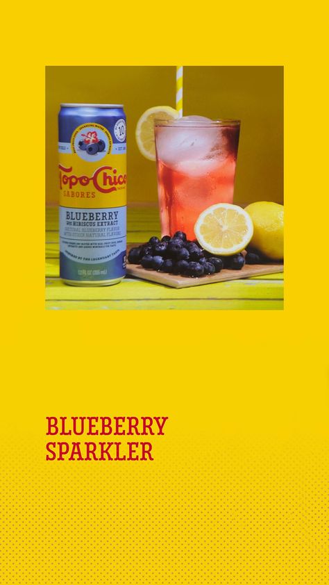 Blueberry Sparkler - Topo Chico Sabores Recipes | Coca-Cola US Topo Chico Drinks Recipes, Topo Chico Drinks Recipes Mocktail, Blueberry Mocktail Recipes, Blueberry Vodka Smash Cocktail, Blueberry Mojito Mocktail, Simply Blueberry Lemonade Cocktail, Juice Ice, Blueberry Syrup, Fine Mesh Strainer