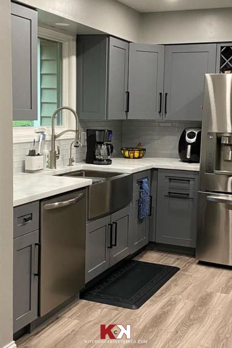 Check out our Storm Gray cabinet style! Grey Cabinets Small Kitchen, Dark Grey Cabinets Black Hardware, Grey Cabinet White Countertop, Kitchen Ideas Light Grey Cabinets, Gray Kitchen Cabinets Painted, Gray Kitchen Cabinets Wall Color, Gray Cabinet Kitchen, Grey Cabinets Kitchen, Light Gray Kitchen Cabinets