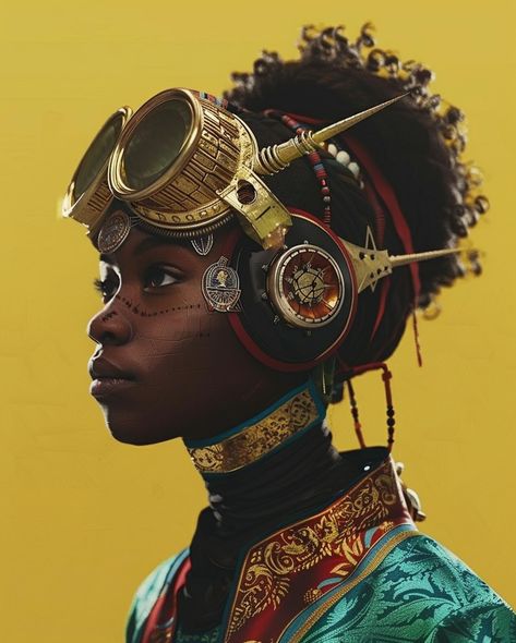 Today’s AI Art of the day #afrofuturism fusion of tradition and technology. #AIart #midjourneyart #midjourneyai #generativeart #ai Afrofuturism Aesthetic Fashion, Afrofuturism Character Design, Afro Steampunk, Afrofuturism Aesthetic, Afrofuturism Fashion, Afro Tech, Steampunk Romance, Art Of The Day, Afrofuturism Art