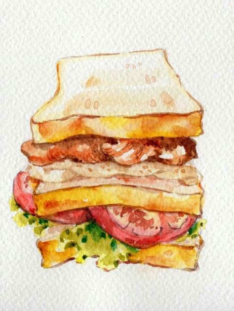 Watercolor Watercolor Sandwich, Sandwich Watercolor, Food Drawings, Recipe Journal, Watercolor Food, Body Reference Poses, Anime Food, Food Illustration, Food Journal