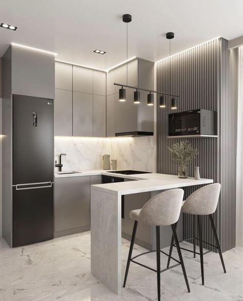 Modern Condo Interior Design, Small Kitchen Modular Design, Color In Interior Design, Modern Kitchen Design Trends, Color Palette Neutral, Slab Cabinets, Gray Room, Minimal Kitchen Design, Kitchen Modular