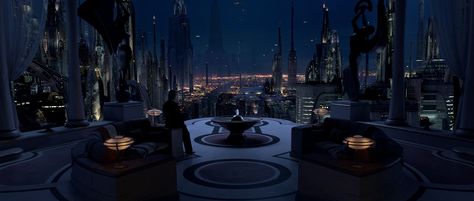 Located on the top floors of the Senate Apartment Complex on Coruscant, the Naboo Embassy allotted this space as an apartment for the current Senator of the Chommell sector and Naboo. It was later converted into a restaurant known as the Naboo Queen. Built up in Coruscant's massive Galactic City, the penthouse suite of the Senate Apartment Complex was purchased by the Embassy of Naboo during the Separatist Crisis for the use of Senator and former queen Padmé Amidala. After the attempt on... Star Wars Planets, Anakin And Padme, Padme Amidala, Star Wars Film, Futuristic City, Future City, Anakin Skywalker, Star Wars Episodes, Star Wars Universe