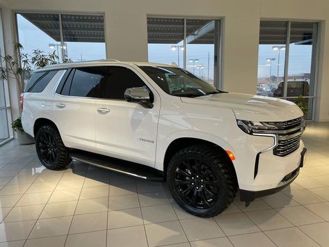 Robby Bunch on Instagram: “HERE WE GO 2021!!! Brand New 2021 Peters ELITE Tahoe Premier 4x4! Includes Premium package, 22” Gloss Black GM wheels with with 33-12.50-22…” White Chevy Tahoe With Black Rims, Chevy Tahoe Premier, White Tahoe With Black Rims, Blacked Out Tahoe, Black Chevy Tahoe, 2023 Tahoe, 2021 Chevy Tahoe, Tahoe Chevy, White Tahoe