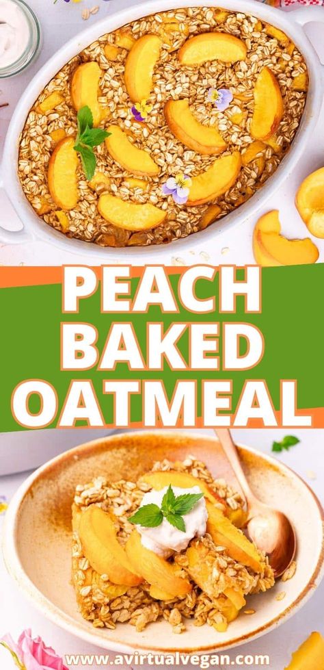 Sweet, summery Peach Baked Oatmeal! With hearty oats and sweet juicy peaches, it's wholesome, delicious, and great for breakfast meal prep! Peach Baked Oatmeal, Yummy Healthy Breakfast, Summer Breakfast, Breakfast Meal, Best Vegan Recipes, Breakfast Meal Prep, Baked Oatmeal, Vegan Breakfast Recipes, Delicious Vegan Recipes