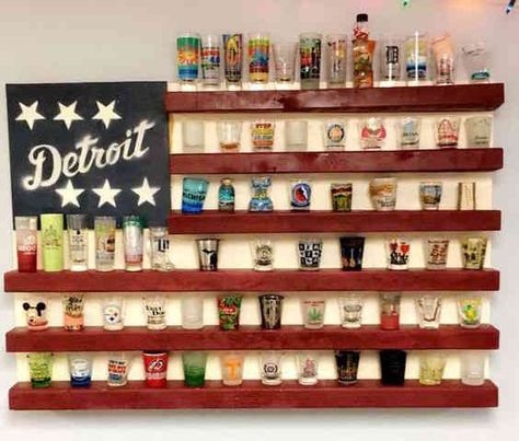 The 9 Coolest Shot Glass Display Ideas - Thrillist Shot Glass Display Ideas, Glass Display Ideas, Shot Glass Display, Blue Jello Shots, Shot Glasses Display, Shot Glass Holder, Glass Shelves In Bathroom, Glass Shelves Decor, Blue Jello