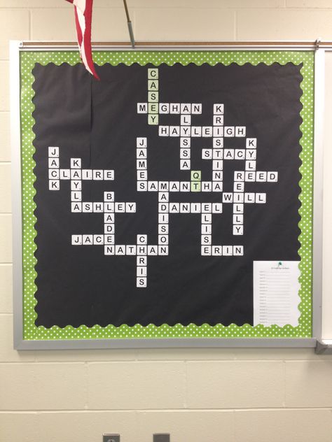 Homeroom Scrabble Bulletin Board for High School Fun Fact Bulletin Board Ideas, Crossword Bulletin Board, Fun Facts Bulletin Board, Scrabble Door Classroom, Bulletin Board For High School, Scrabble Bulletin Board, Homeroom Activities, Multiplication Facts Bulletin Board Tracker, Activities For High School