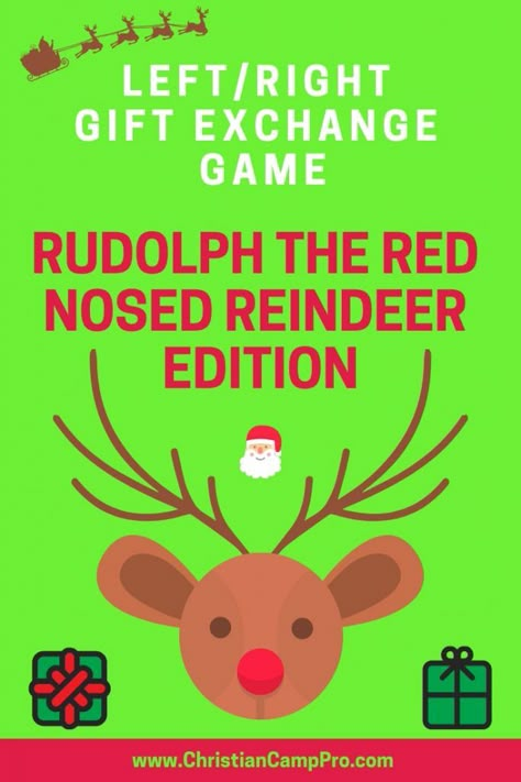 Rudolph might have been different, but he wasn’t the only one in the North Pole with a secret! Use this fun and hilarious game to distribute door prizes, Secret Santa, or gag gifts. Give each guest a gift and have them sit in a circle. Read the following story aloud and instruct the guests to pass the gifts to their RIGHT or LEFT as the story prompts. Whatever they are holding at the end of the story is theirs to keep! #christmas #christmasgames #rudolph #giftideas #gifts Gift Exchange Story, Kids Gift Exchange, Kid Holiday Games, Left Right Christmas Game, Gift Exchange Game, Christmas Gift Exchange Games, Christmas Games For Adults, Christmas Gift Games, Christian Camp