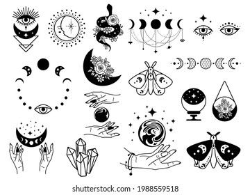 Celestial black magic symbols sun, moon, crystals, evil eye, witch hands and moth. Set of esoteric symbols, alchemy and witchcraft vector art Black Magic Symbols, Moon Crystals, Evil Eye Tattoo, Esoteric Symbols, Card Sketches Templates, Witch Clipart, Crystal Drawing, Witch Hands, Planet Tattoos