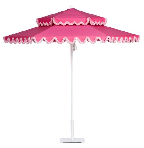 Double Decker aluminum umbrella with White frame in Tropical Pink; scalloped style valance with Cherry brush fringe. Pink Outdoor Furniture, Trailer Garden, Pink Trailer, Pagoda Umbrella, Garden Sitting Areas, Garden 2023, Garden Hammock, Gemini Rising, Image Overlay