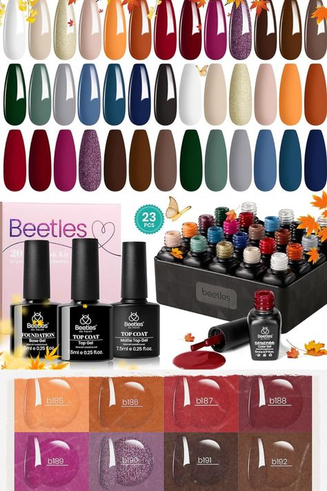 Beetles 23 Pcs Gel Nail Polish Kit 20 Fall Colors Glowing Attraction Collection Orange Burgundy Red Purple Gel Polish Set Gray Blue Green Soak Off Uv Nail Lamp Base Top Coat Gifts for Women Purple Gel Polish, Nail Polish Kit, Uv Nail Lamp, Nail Polish Kits, Gel Top Coat, Nail Lamp, Gel Polish Colors, Lamp Base, Beetles