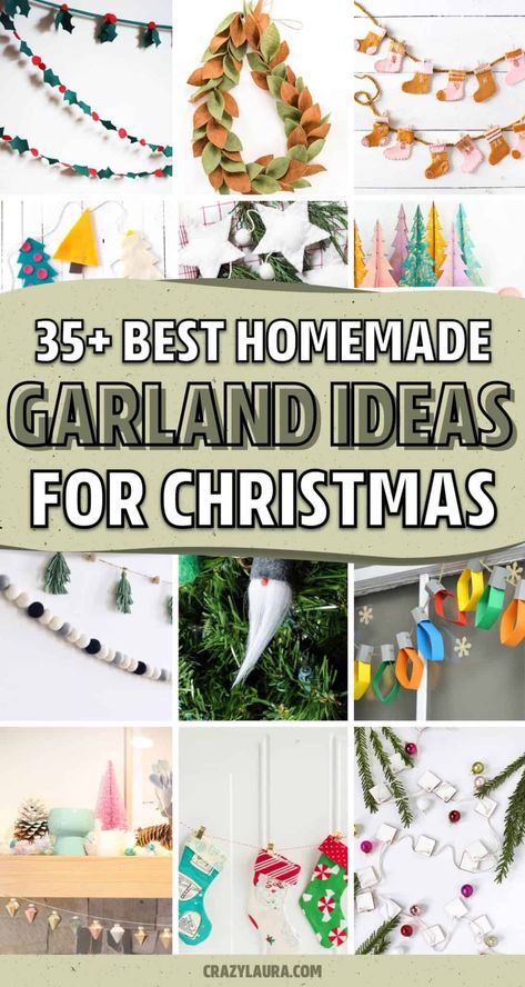 If you’re looking for creative ways to make your own holiday decorations this year, check out these DIY Christmas garland ideas and crafts for inspiration to get started! Diy Christmas Garland Ideas, Christmas Banner Diy, Christmas Garland Ideas, Diy Christmas Tree Garland, Felt Garlands, Crazy Laura, Paper Flower Garlands, Winter Garland, Garland Ideas