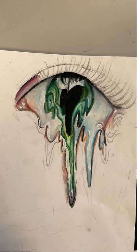 distorted melting coloured eye style Dripping Eye Painting, Brain Melting Art, Contrast Drawing Ideas Colour, Gcse Art Eye Page, Melting Art Drawing, Distortion Sketch, Strange And Fantastic Gcse, Thermal Face Drawing, Distortion Art Drawing Easy