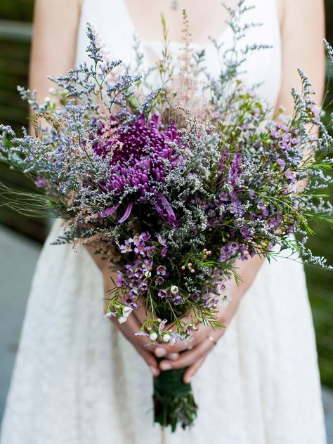 Ideas & Advice by The Knot Wildflower Wedding Bouquet, Wedding Flower Guide, Purple Bouquets, Fresh Wedding Flowers, Purple Wildflowers, Flowers And Greenery, Rustic Wedding Bouquet, Purple Wedding Flowers, Wildflower Bouquet