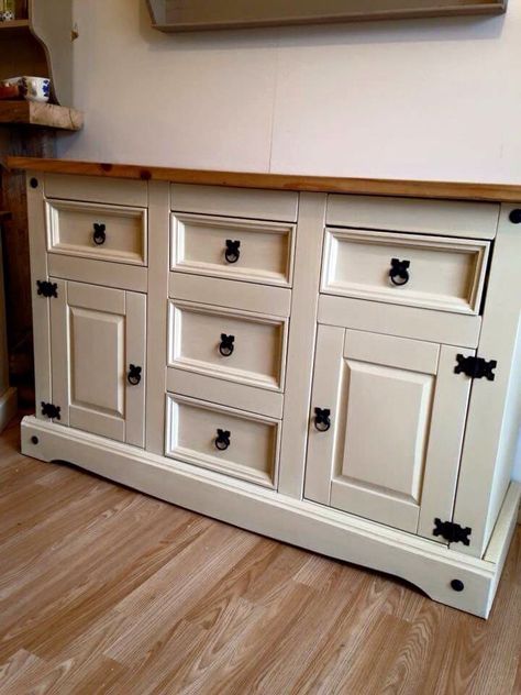 Mexican pine painted sideboard , painted using chalk paint Painting Pine Furniture, Mexican Pine Furniture, Pine Bedroom, Pine Bedroom Furniture, Mexican Furniture, Grey Bedroom Furniture, Bedroom Furniture Makeover, Painted Bedroom Furniture, Wood Bedroom Furniture