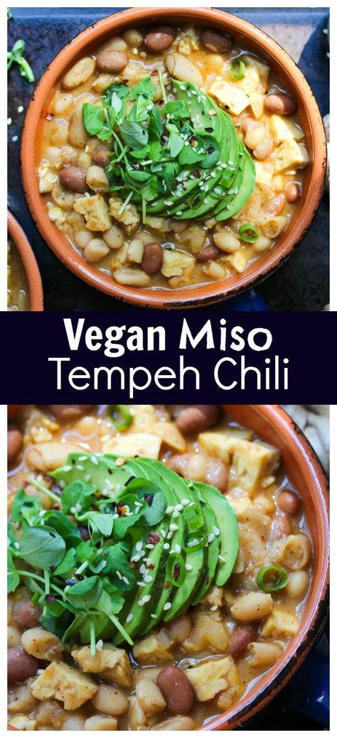 Miso Tempeh, Vegan Slow Cooker Soup, Tempeh Chili, Slow Cooker Meal Prep, Dishing Out Health, Chili Vegan, Vegan Tempeh, Vegan Slow Cooker, Tempeh Recipes