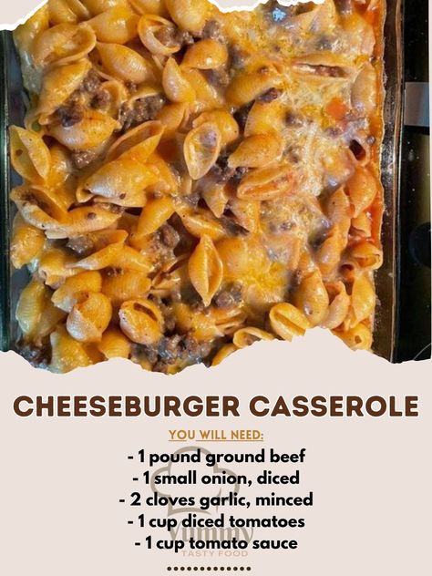 Cheeseburger Casserole is a comforting, hearty dish that combines all the beloved flavors of a classic cheeseburger into a convenient, bakeable form. This family-friendly recipe is perfect for weeknight dinners and can easily be customized with your favorite cheeseburger toppings. Here's how to make it: Cheeseburger Casserole Recipe 🍔🥘 Indulge in the savory, cheesy goodness of a cheeseburger in this easy-to-make casserole, sure to become a family favorite. Ingredients: 1 pound ground beef... Cheeseburger Casserole Recipe, Cheeseburger Casserole, Shredded Cheddar Cheese, Rotini Pasta, Elbow Macaroni, Diced Tomatoes, Diced Onions, Shredded Mozzarella, Side Salad