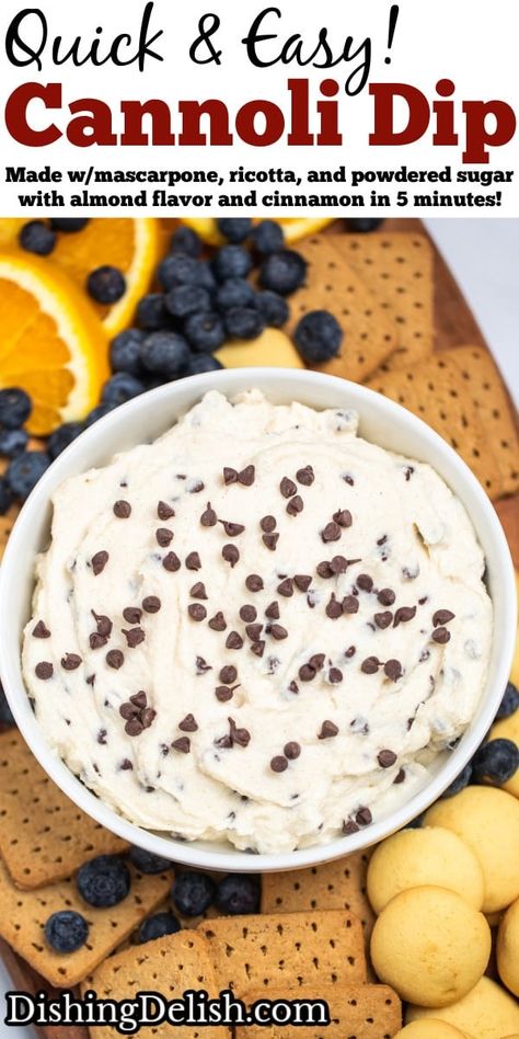 Cannoli Dip is creamy and sweet, made with simple ingredients like mascarpone, ricotta, and powdered sugar with almond flavor and cinnamon, ready in 5 minutes! Cannoli Dip Recipe, Cannoli Dip, Cannoli Filling, Cannoli Cream, Mom On Timeout, Cream Dip, Spend With Pennies, Sweet Dips, Dessert Dips