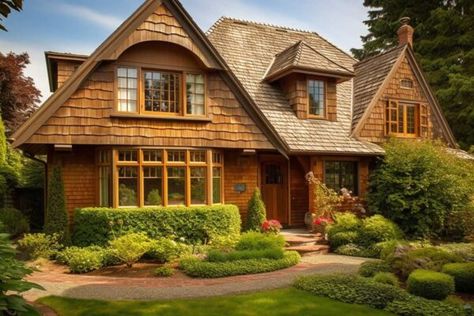 ceispinshaw_The_cedar_shingle_cladding_siding_on_a_small_luxury_d3dee1d8-fefe-4e3c-b531-eb65f1c81806 Cedar Homes Exterior, Red Cedar Shingles, Stained Shingles Cedar Siding, Cedar Shingle Art, Sunrise Cedar Shingles, Brown Architectural Shingles, Gaf Weathered Wood Shingles, Semi Transparent Stain, Shingle House