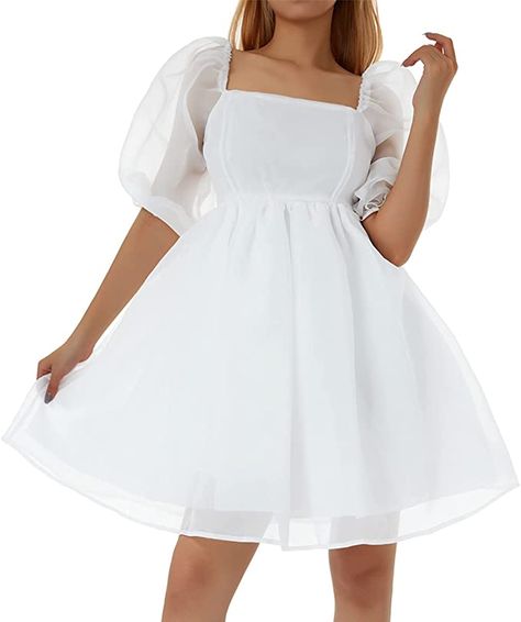 Piacakece Women Cute Puffy Dress Printed Bell Sleeve Square Neck Mesh Ruffle Bubble Dress (A-White,XL at Amazon Women’s Clothing store Bridgerton Experience, Princess Mini Dress, White Butterfly Dress, Night Party Dress, Dress With Puffy Sleeves, Puffy Skirt, Puffy Dresses, Dress Label, Dinner Dress Classy