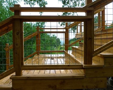 Wire Mesh Rail Design, Pictures, Remodel, Decor and Ideas Wire Deck Railing, Deck Railing Design, Cattle Panels, Laying Decking, Deck Construction, Deck Stairs, Contemporary Exterior, Metal Railings, Deck Railing